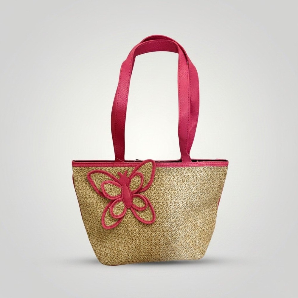 Kim Rogers Straw Tote Bag Purse Pink Butterfly Woven Beach Coastal Whimsical